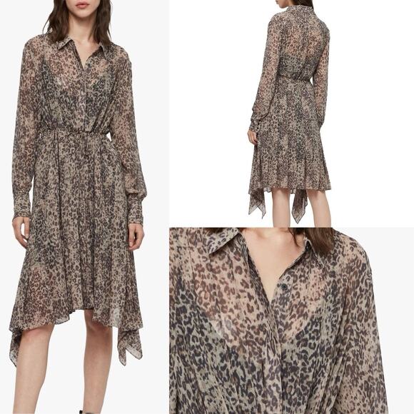 AllSaints Lizzy Patch Shirt Dress Leopard Print Asymmetric Long Sleeve Medium - Picture 2 of 9